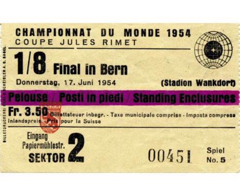 World Cup 1954. 1/8 Final Ticket Germany v Turkey - 17th June 1954 in Bern. 9.5x 6 cm. With COA see original tickets!