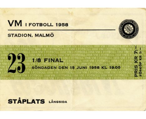 World Cup 1958. Ticket Northern Irland v Germany - 1/8 Final ticket on 15th june in Malmoe (2:2). Size: 11.5x8 cm, creased