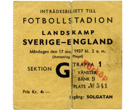 Football Ticket 1937 Sweden v England 17th may - in Stockholm, 9x9 cm. Ticket in two parts