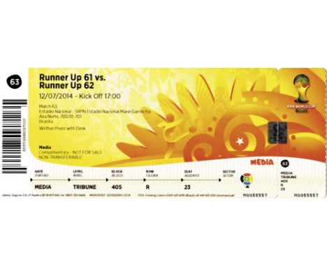 World Cup 2014. Ticket 3rd place match Brasil - v Netherlands in Brasilia (0-3), 12th july 2014. 20x8 cm