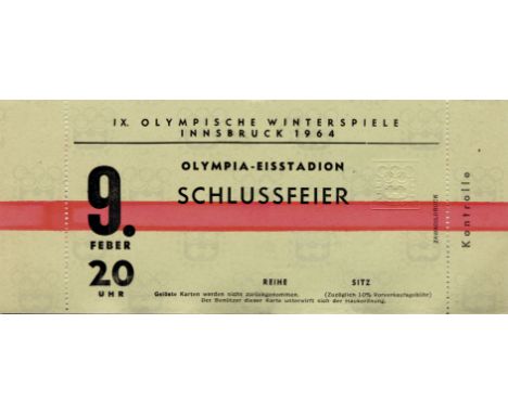 Olympic Winter Games 1964 Ticket Closing cermony - 9th Febuary 1964, 19x8 cm. Complete ticket