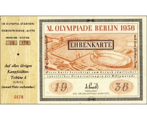 Olympic Games Berlin 1936. Ticket of Honoar IOC - "Ehrenkarte XI.Olympiade Berlin 1936" allowed entance to all events, issued