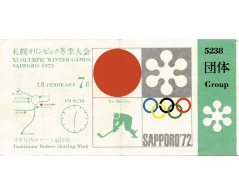 Olympic Games Sapporo 1972. Ticket Icehockey - 2nd Febuary (Germany v Yugoslavia), size 17x8.2 cm, rare official ticket! Crea