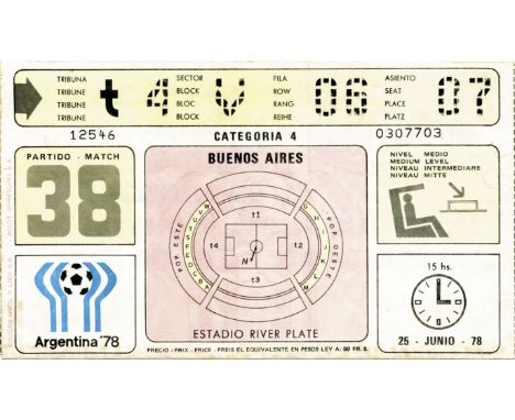Ticket World Cup Final 1978.  Final - Argentina vs Holland on in Estadio River Plate Stadium 25th June 1978. Size 17x10 cm. V