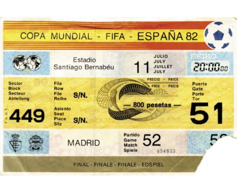 World Cup 1982. Final Ticket Italy v Germany - (3-1), Size 10x15 cm,  with signs of usage.