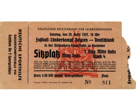 Ticket Football Germany vs Belgium 1937 - Ticket: Germany vs Belgium 1937, entrance ticket for the int. match in Hannover on 