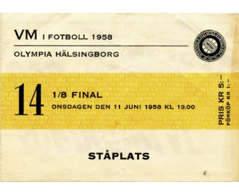 World Cup 1958. Ticket Germany v CSSR - , 11th June in Haelsingborg. Size 11.5x8 cm. Creased