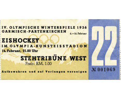 Olympic Winter Games 1936. Ticket icehockey - Ticket Olympic-Winter-Games 1936 in Garmisch-Partenkirchen. Icehockey. February