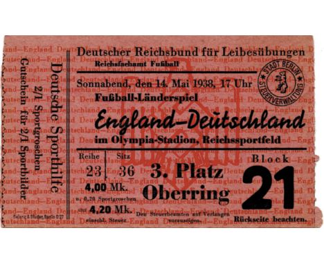 Football Ticket 1938 Germany v England - May 14th, 1938 in Berlin. Size 11.5x7.3 cm. Nearly Mint