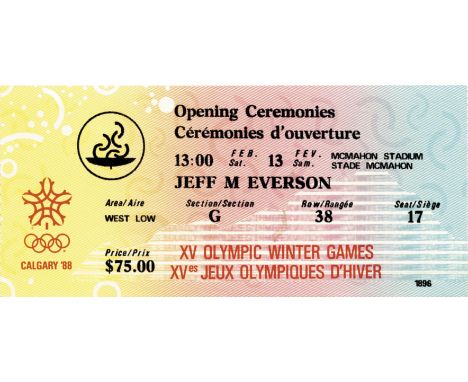 Olympic Games Calgary 1988 Official Ticket - Opening Ceremony, 13th febuary, 15.2x7 cm