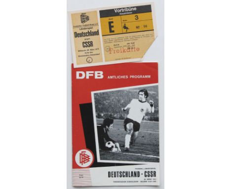 German Football programm Germany v CSR 1973 - 28th march. Official Programm. 32 pages, 21.5x15 cm. Enclosed: Ticket, 15.5x10 