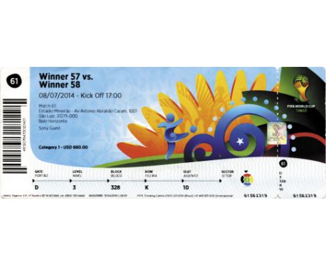 World Cup 2014. Ticket Brasil v Germany - (1-7), Halffinal 8th july 2014. 20x8 cm