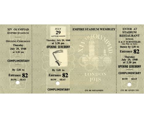 Olympic Games 1948 London Ticket Opening Ceremony - 29th July, size 19x9 cm. (ENGLISH). Complete Ticket