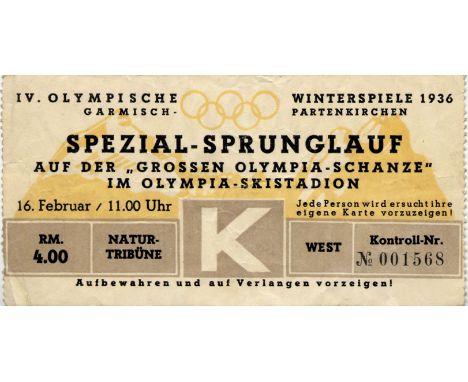 Ticket Olympic Winter Games 1936 Skijumping - 16th febuary. 12x6 cm --creased