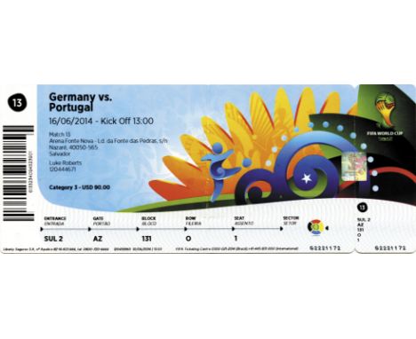 World Cup 2014. Ticket Germany v Portugal - (4-0), 16th june 2014. 20x8 cm --folded