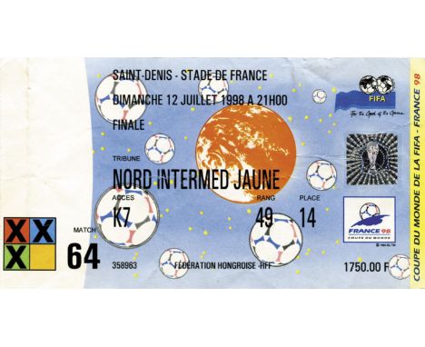 Ticket: World Cup 1998. Final  France vs Brazil - 12th July 1998 saint Denis, size 9x16.5 cm.
