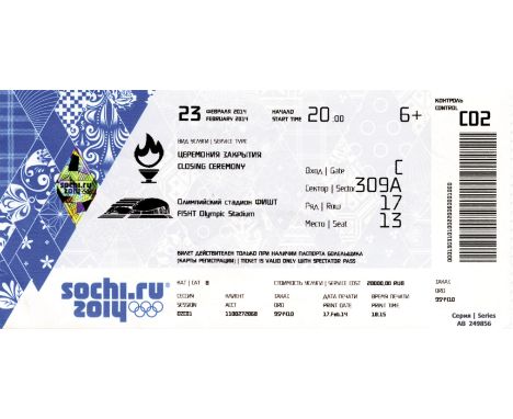 Olympic Games Sochi 2014. Ticket Closing ceremony - 23th febuary, 17.5x8 cm