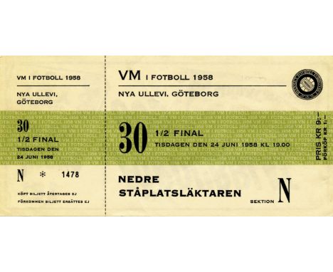 Ticket: World Cup 1958. Germany v Sweden - Semifinal Germany vs Sweden 24th June 1958 in Goetheborg. Size 16.5x8cm. Complete 