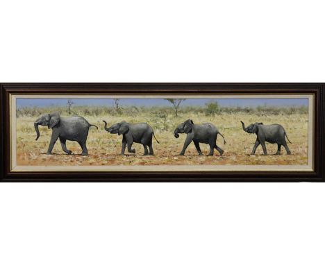 * PIP MCGARRY (BRITISH b. 1955), ELEPHANTS oil on canvas, signed and dated 2000framedimage size 24cm x 105cm, overall size 37