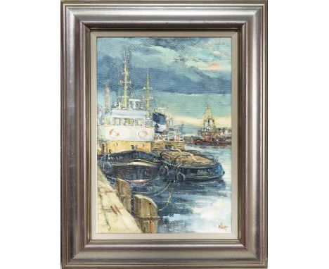 * JAMES WATT RGI (SCOTTISH 1931 - 2022), KING GEORGE WITH TUGS oil on canvas, signed, titled versoframedimage size 51cm x 36c
