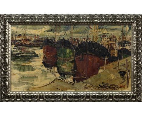 * JAMES WATT RGI (SCOTTISH 1931 - 2022), GREENOCK BOATS oil on canvas, signedframedimage size 50cm x 90cm, overall size 66cm 