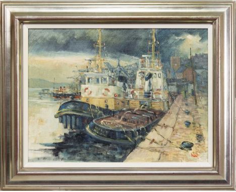 * JAMES WATT RGI (SCOTTISH 1931 - 2022), VICTORIA HARBOUR, TUGS AND PUFFERS oil on canvas, signed, titled and dated 2010 vers