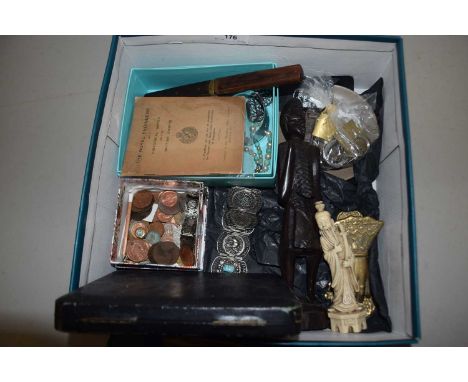 Mixed Lot: Costume jewellery, coinage, various figures, brass letter clip etc