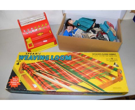 A boxed Spears weaving loom, a child's toy cash register and a box of costume dolls (3)