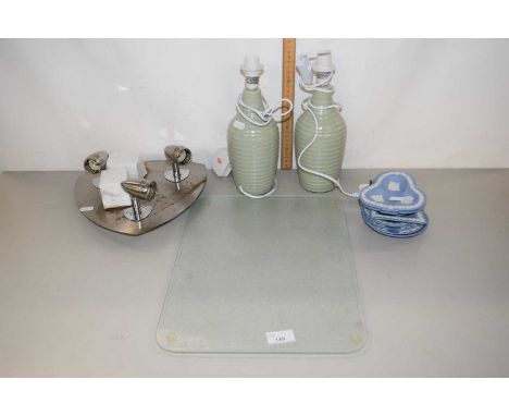 Mixed Lot: Wedgwood Jasper ware trinket boxes, porcelain table lamp, ceiling light fitting etc