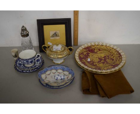 Mixed Lot: Small Masonic print, various tea wares, Japanese gilt decorated sugar basin, Royal Crown Derby gilt decorated plat