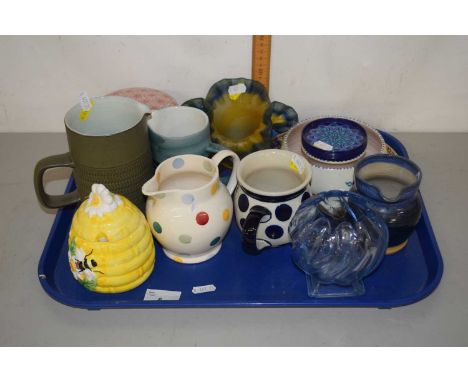 A tray of mixed wares to include Poole Pottery crocus vase, various decorated jugs, frilled glass lightshade etc