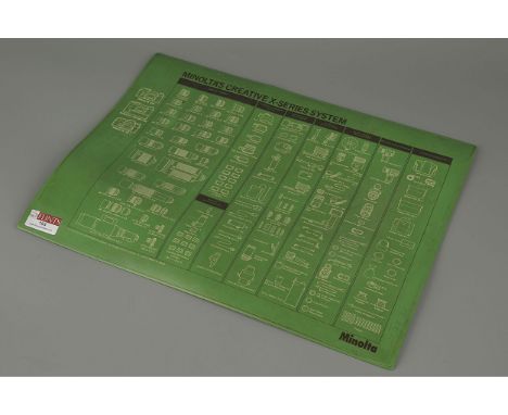 A Minolta Shop Counter Mat,displaying the SR-T and X series systems