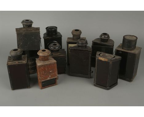 A Collection of Early Small Darkroom Lamps, of various forms, most with original oil lamps, by various makers including Kodak