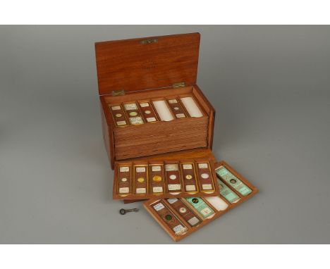 A Collection of Microscope Slides In mahogany Case, various slides in a mahogany flip front case stamped to the lid 'R &amp; 