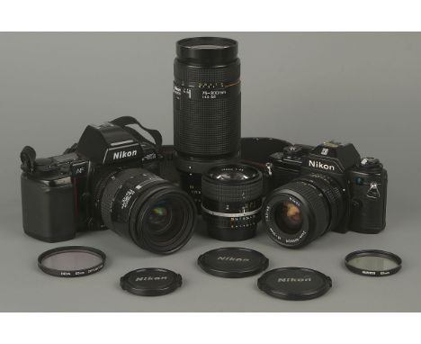 A Nikon EM SLR Camera,together with a Nikon F801s, together with lenses including Nikon E Series f/2.8 100mm, AF Nikkor f/4.5