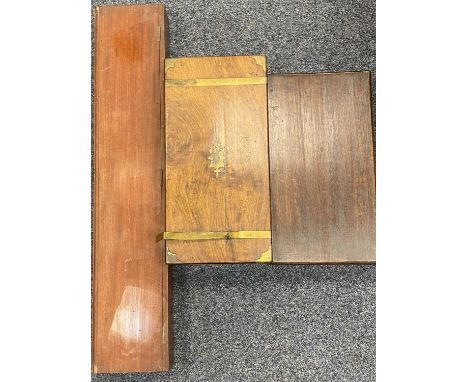 THREE VINTAGE BOXES IN MAHOGANY OAK &amp; WALNUT - the walnut example brass bound ex-writing slope, 17cms H, 49.5cms across, 