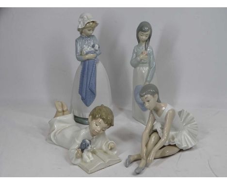 NAO PORCELAIN FIGURINES (4) including a bonneted standing girl holding a puppy, 25cms H, a pensive young girl with a bunch of