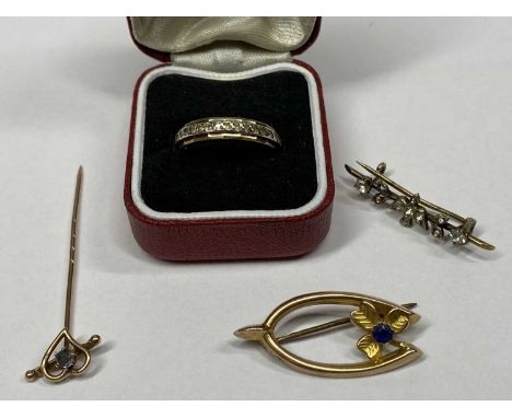 9CT GOLD &amp; OTHER JEWELLERY (4 items) to include a wishbone brooch set with blue stone, heart topped 9ct stick pin set wit