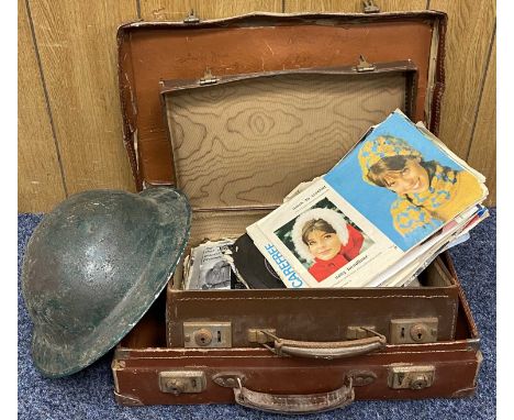 SECOND WORLD WAR TIN HELMET, two vintage suitcases containing a quantity of knitting patterns, the helmet interior marked '6 