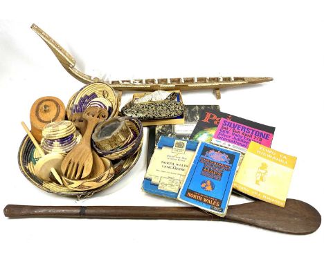 MIXED TRIBAL CARVINGS, BASKETS &amp; OTHER COLLECTABLES GROUP - to include a 70cms L bone decorated boat, carved wooden spoon