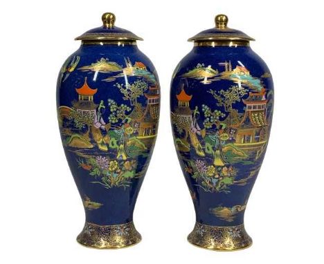 CARLTONWARE - Blue Royale Pagoda pattern lidded vases, a pair, 30cms tall