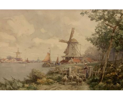 J R MILLER watercolour - Busy Dutch river scene with windmills, yachts and drover with sheep, signed, 26 x 36cms