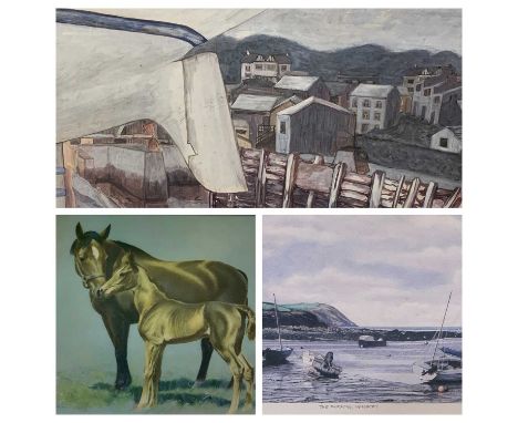 PAINTINGS &amp; PRINTS ASSORTMENT (7) - Indistinctly signed print on board - horse and foal, 30 x 40cms, watercolour - boat r