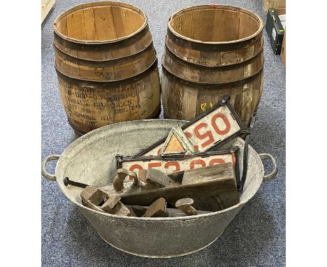VINTAGE COOPERED BARRELS X 2, galvanised tin bath, vintage block planes, ETC, 60cms H the barrels, 80cms L the galvanised bat