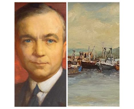 C WESSON oil on board - a harbour scene and an unsigned oil on board - portrait study of a gentleman, 24.5 x 34cms and 31 x 2