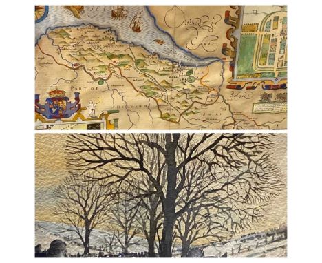 JOHN SPEEDE colour tinted map of Flint/Shire and three further pictures and prints to include TERRY HALPIN watercolour - a wi