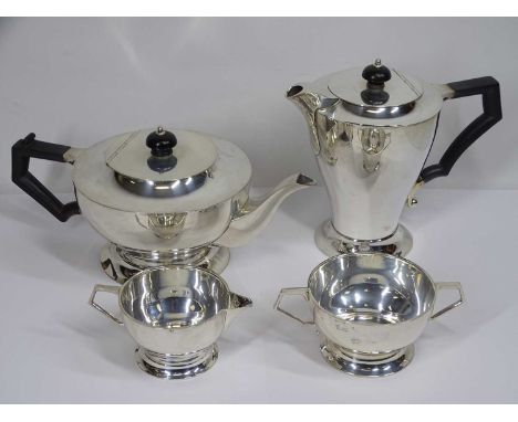 ART DECO FOUR PIECE SILVER TEA SERVICE, London 1932 and 1934, maker's marks for David Landsborough Fullerton and Josiah Willi