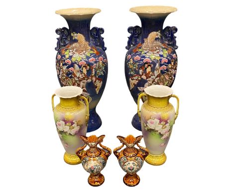 VINTAGE VASES, 3 PAIRS - to include a large pair of Japanese Satsuma, 63cms H, Victorian twin-handled pair with painted roses