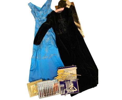 VINTAGE CLOTHING, quantity of cased and other cutlery and a carved oak framed bevelled glass wall mirror