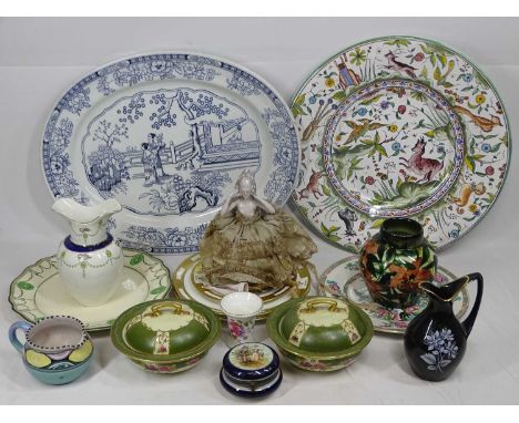 MIXED CERAMICS GROUP to include a vintage pin cushion doll, decorative jugs and vases, colourful plates and an Ashworth Chine